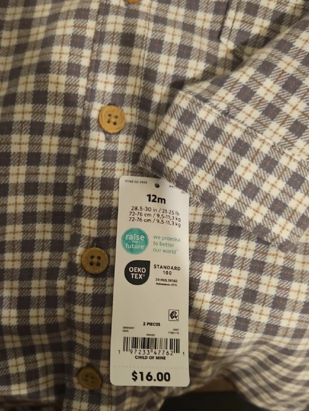 Carter’s Child of Mine Baby Boy 12M Plaid Hooded Button Shirt NWT